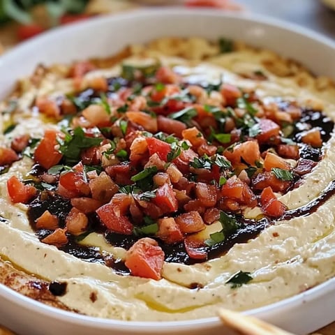 Bowl filled with gooey cheese dip and chunky tomatoes seen close up.