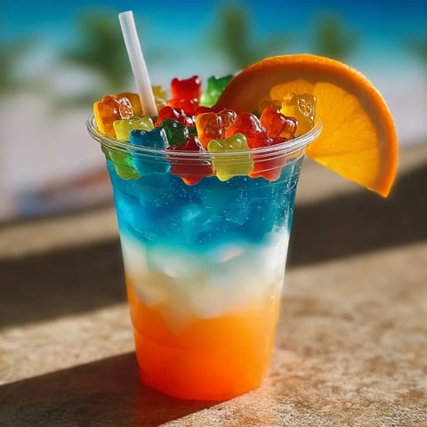 Cup of fruity drink with a bright orange slice floating up top.