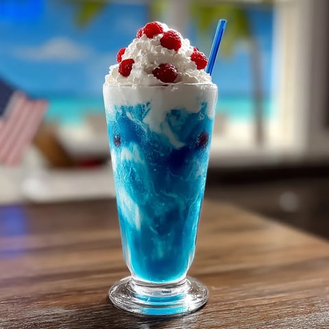 Cheerful blue and white drink with a straw hanging out.