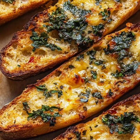 Toasty bread with bubbly cheese and fresh chopped herbs on top.