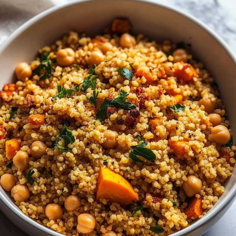 A loaded bowl with fluffy grains, veggies, and chickpeas.
