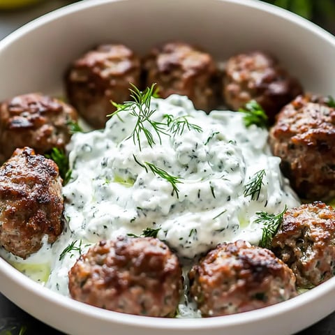 Meatballs piled in a bowl with a big spoonful of creamy sauce on top.