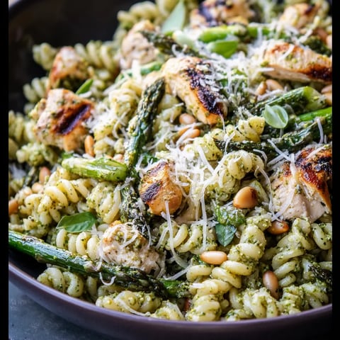 A bowl of pasta with chicken and vegetables.