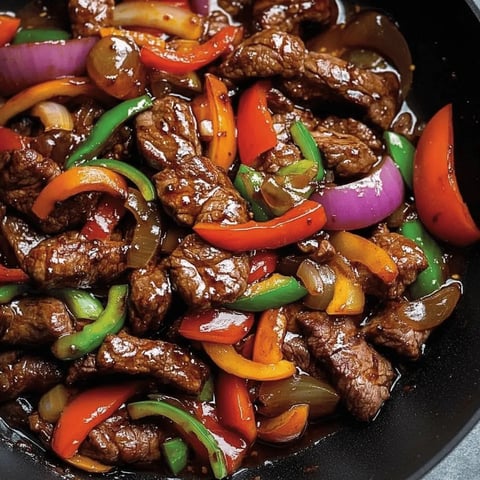 A bowl of beef and peppers.