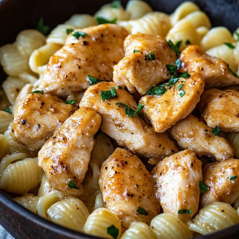 A bowl of pasta with chicken and herbs.