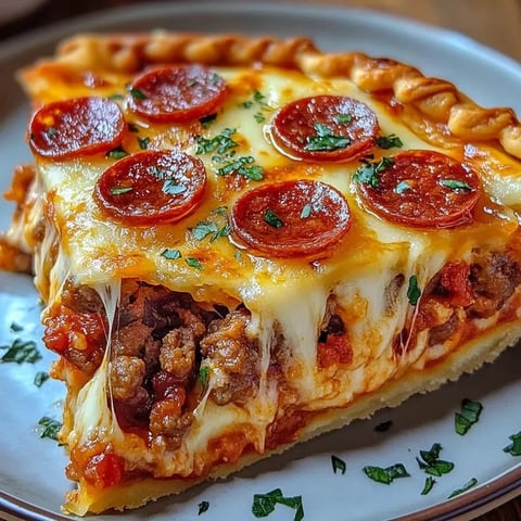 Slice loaded with melty cheese, pepperoni, and sausage on a golden brown crust.