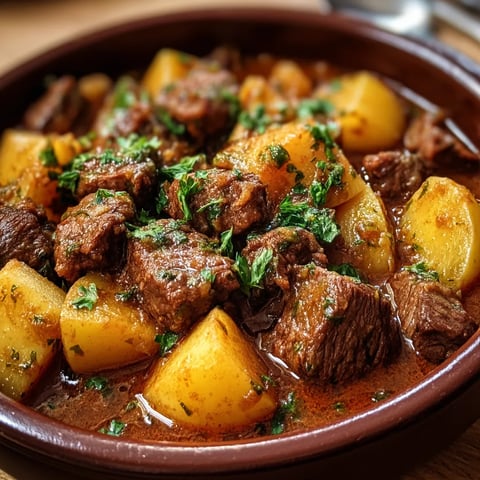A bowl packed with beef bites and potatoes.