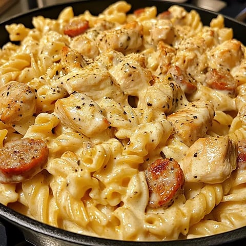 Pasta packed with chicken and sausage in a skillet.