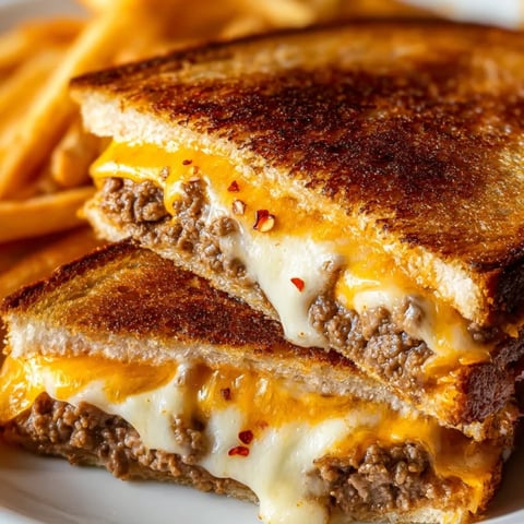 Stacked sandwich with melted cheese and beef on a white dish.