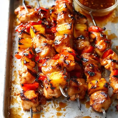 A platter of tasty chicken skewers with veggies and a dipping sauce.