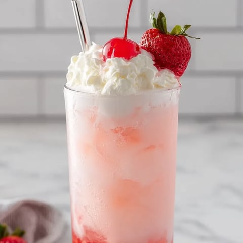 Tall glass filled with pink soda and topped with a cherry.