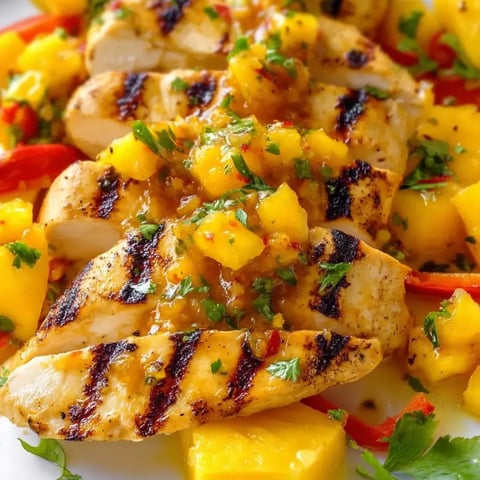 Grilled chicken on a plate with pineapple chunks and colorful peppers.