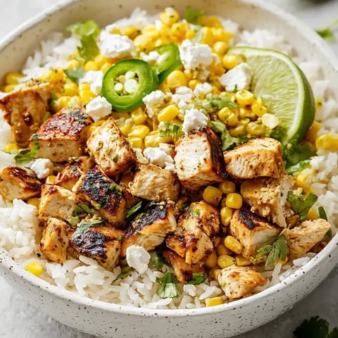A bowl piling rice, chicken, and veggies together.