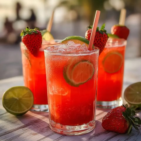 A pair of glasses filled with bright red lemonade, fresh strawberries, and limes nearby.