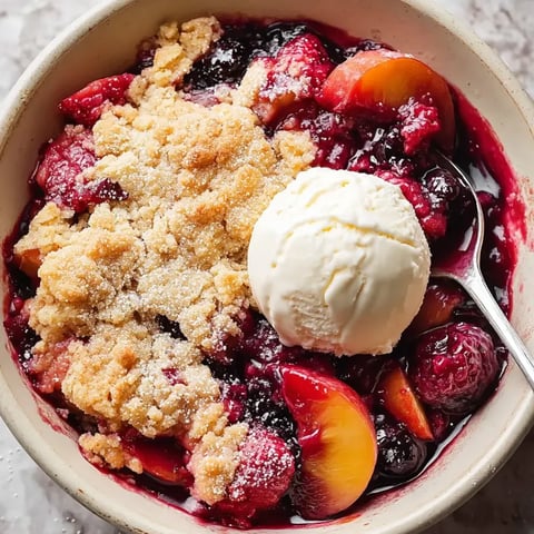 A bowl filled with baked fruit and creamy ice cream.