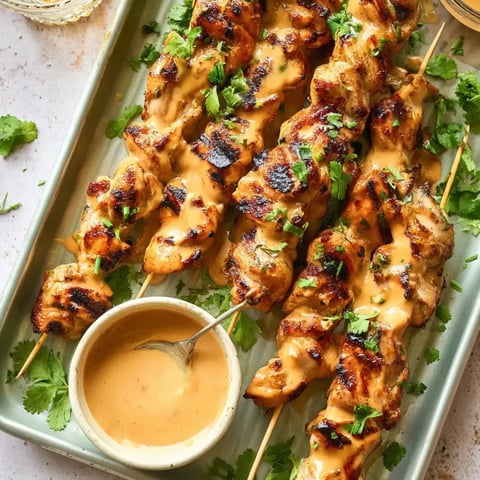 A platter of chicken skewers next to a bowl of sauce.