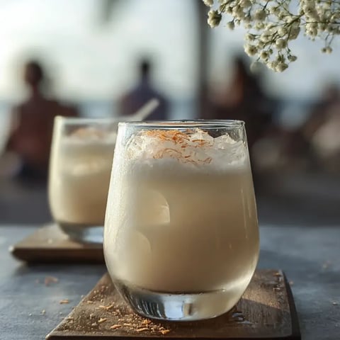 Two glasses of milk with orange sprinkles on a table.