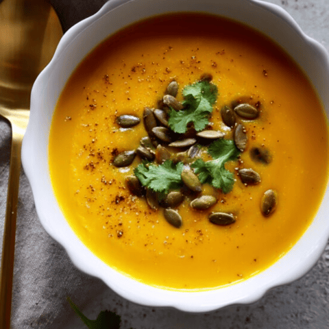 A bowl packed with butternut soup and a spoon ready to dig in.