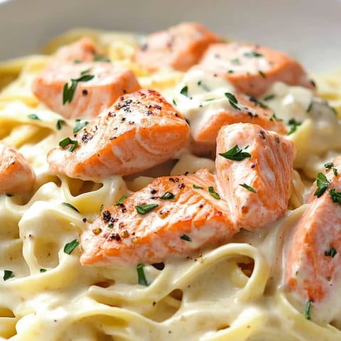 Pasta with salmon chunks and fresh herbs on a plate.