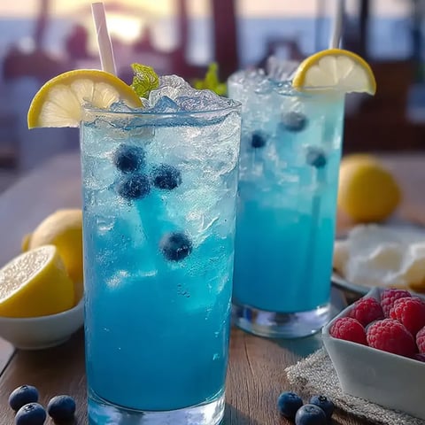 Two bright blue drinks with lemon and blueberries on top.