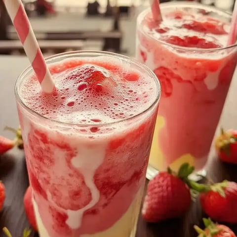 Strawberry milk poured into two glasses.