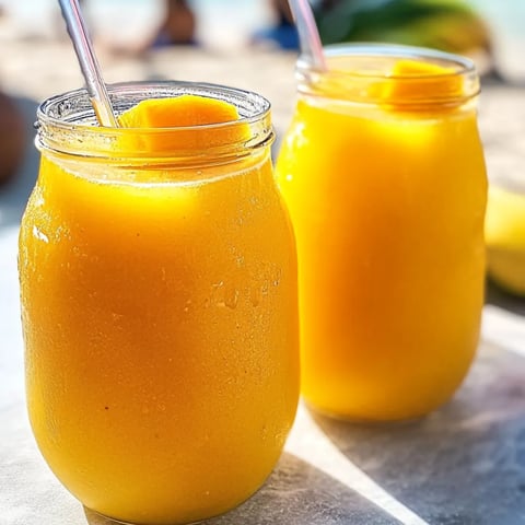 Two glasses filled with orange mango drink on a table.