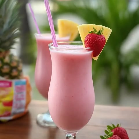 Two pink drinks with strawberries on top.