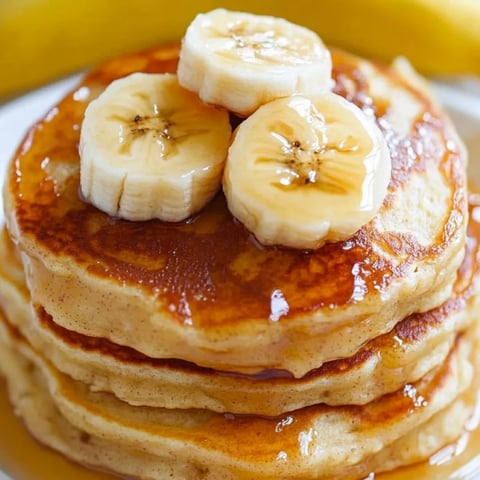 Pile of pancakes topped with banana slices.
