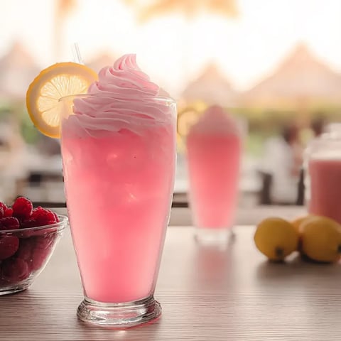 A pretty pink lemonade in a glass with a lemon slice inside.