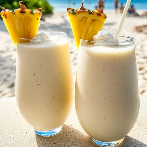 Two pineapple coconut smoothies sit on a tabletop.