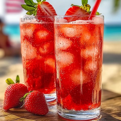 Pair of glasses loaded with red berry drinks and sliced strawberries.