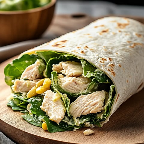 A chicken wrap sitting on a wooden board.