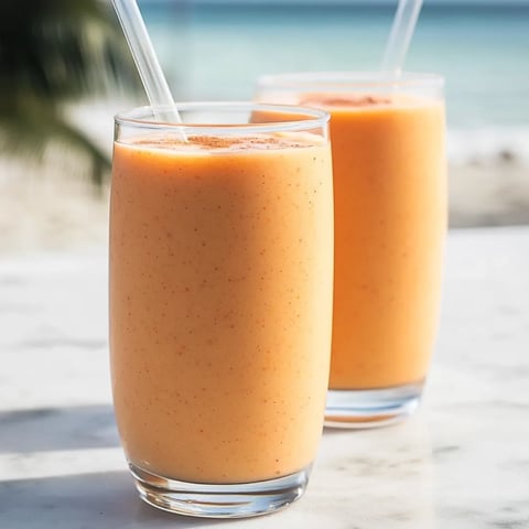 Two glasses with bright orange smoothie sit on a tabletop.