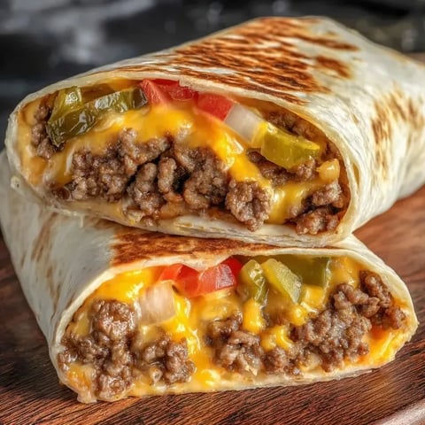 A tortilla wrap bursting with cheesy beef inside.