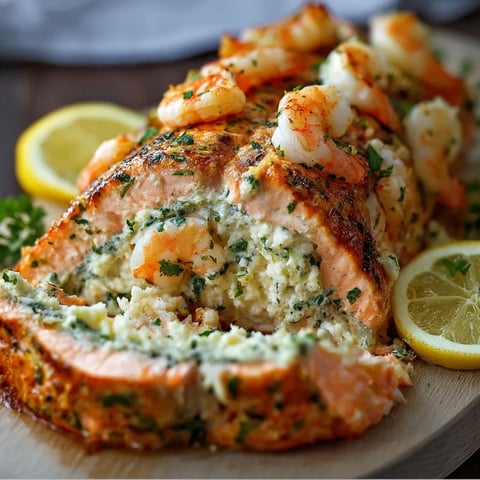 A salmon fillet loaded with shrimp on top.