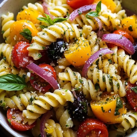 A big bowl filled with pasta, juicy tomatoes, and tons of basil.