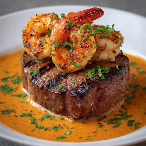 Juicy steak and shrimp slathered in a rich, creamy topping.