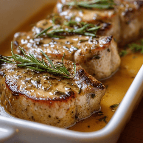A plate with pork smothered in herbs.