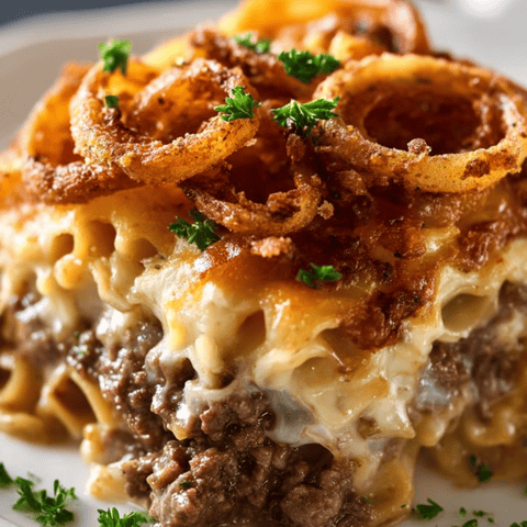 A serving of beefy onion pasta with crispy onions on top.