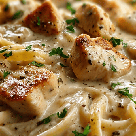 Chicken and pasta on a plate, covered in a creamy sauce.