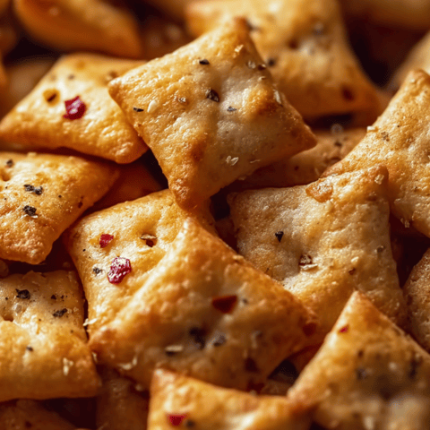 Crunchy crackers with pepperoni and cheese all piled up.