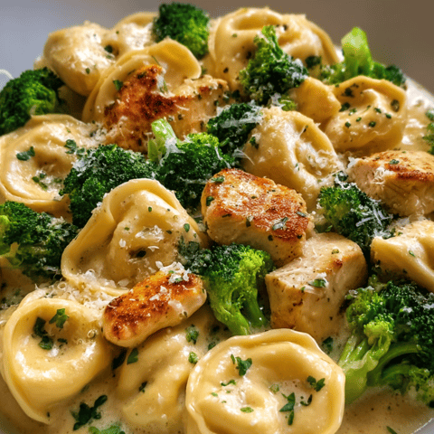 Pasta served with chicken chunks and broccoli showing.