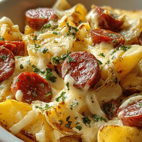 A hearty mix of sausage and potatoes in a bowl.