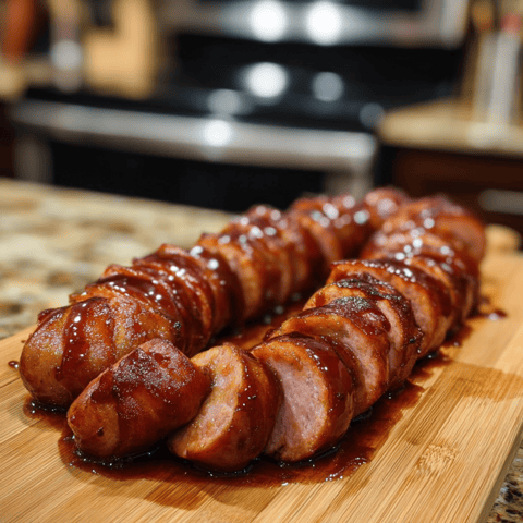Two sausages resting on a wooden board.