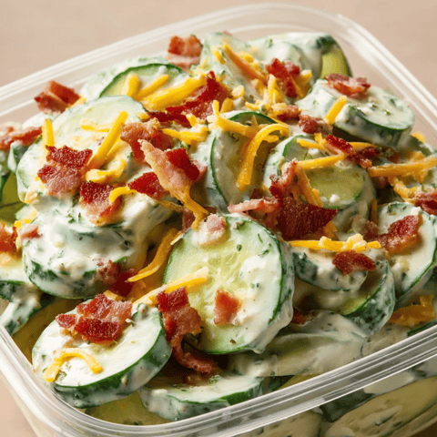 Cucumbers stuffed with bacon and cheese inside a container.