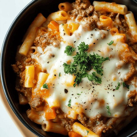 Big bowl of cheesy pasta bursting with beef.