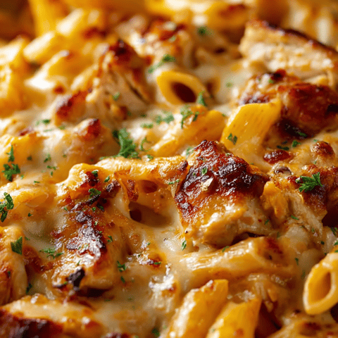Chicken tossed with pasta and cheese on a plate.