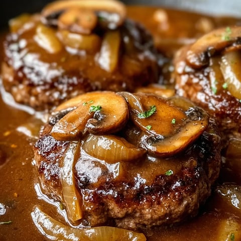 Tender beef patties bathed in brown sauce and mushrooms.