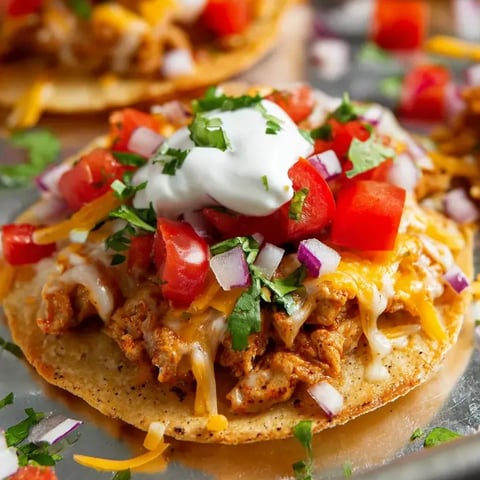 Small layered tostadas topped with a creamy sauce.