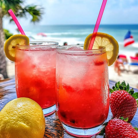 Two pink lemonade drinks with lemon slices on a table.